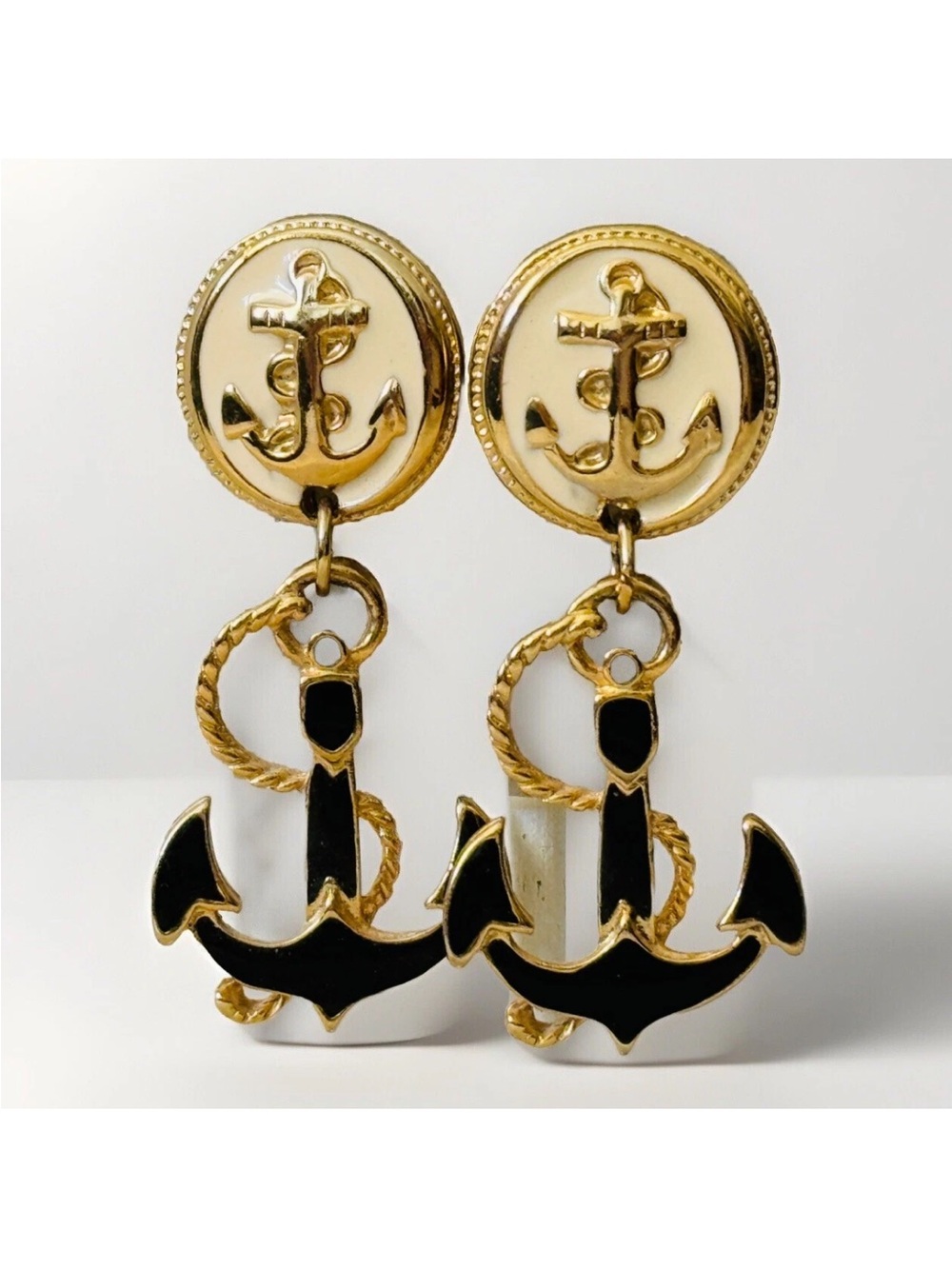 Vintage 1980’s 1990’s Enamel Gold Tone Anchor Nautical Dangle Pierced Earrings